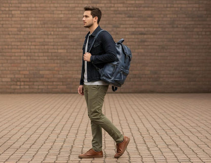 Leather Backpack Travel Laptop Office Bag - Vintage Blue