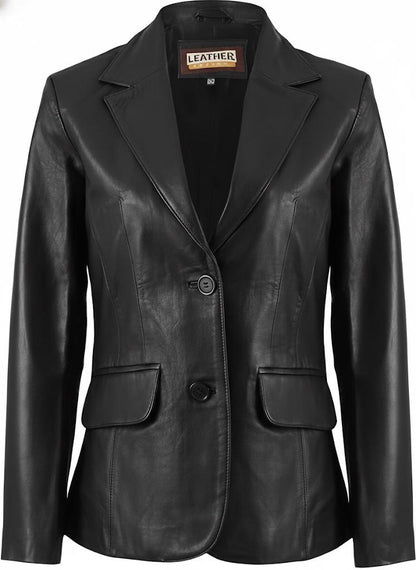 Classic 2-Button Lambskin Leather Blazer Women-Black
